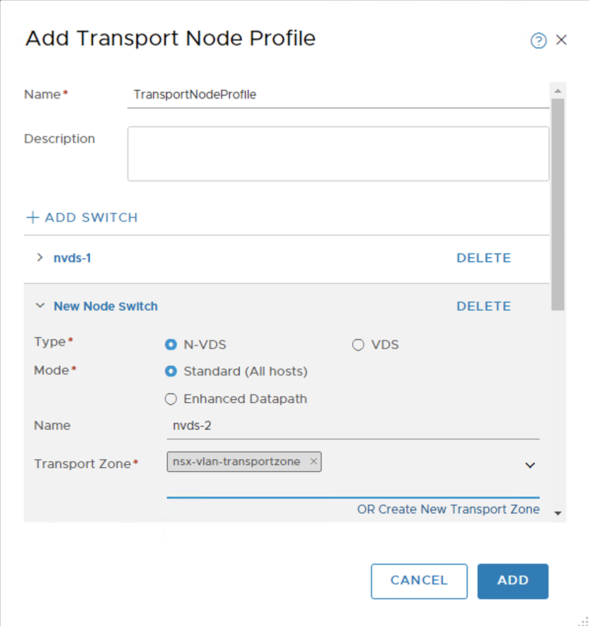 Add Transport Node Profile nvds-2